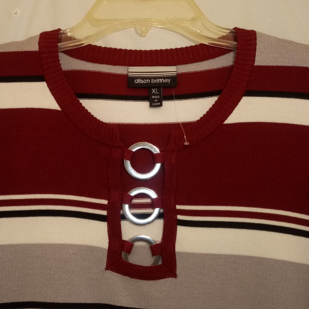 Allison Brittney Red Striped Long Sleeve Sweater with Silver Ring Accents